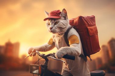 Cat delivering food at city sunset. Pizza fast food service. Generate Ai - yliv