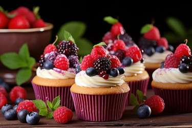 Вкусные кексы с фруктовым десертом на деревянном столе. Генерировать искусственный интеллект - yliv
