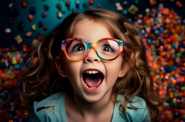 Funny cute little girl with glasses emotion. Human happy infant palm facial. Generate Ai - yliv