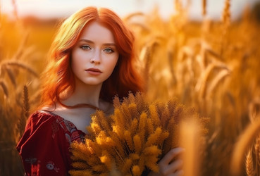 портрет рыжеволосой женщины на пшеничном поле. генеративный контент - yliv