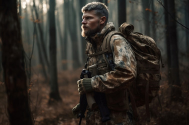 камуфляжный рюкзак мужчины в лесу. генеративный контент - yliv