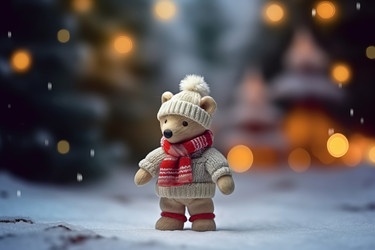 Небольшой зимний плюшевый медведь в теплую одежду. Приятный плюшевый мишка в лесу рождественских елок. Создать ИИ - yliv
