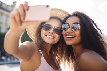 Счастливый подруг. Женщин лучшие друзья принимая Selfie фото. Создать ИИ - yliv