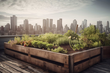 Ящик для растений на крыше городской фермы. Органическая еда City food garden на крыше. Генерировать искусственный интеллект - yliv