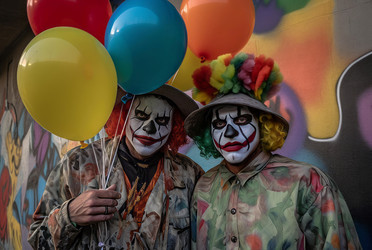 Clowns dangerous scary. Colorful balloons party event with ugly joy. Generate Ai - yliv