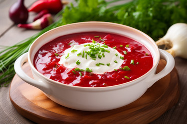 вкуснейший борщ со сметаной в региональной тарелке. генеративный контент - yliv