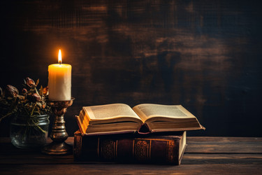 Старая книга и свечи на старинном деревянном столе. Генерировать искусственный интеллект - yliv