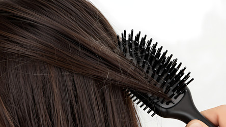 крупным планом показана рука, держащая расческу, в то время как она скользит по длинным волосам. заметны секущиеся кончики и участки истончения. обстановка кажется простой и закрытой, фокусируясь на проблемах с волосами и генеративном искусственном интелл - Karjalainen