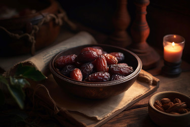 Миска с закусками из сушеных фиников. Сладкие органические сладкие полезные закуски из фиников. Генерировать искусственный интеллект - yliv