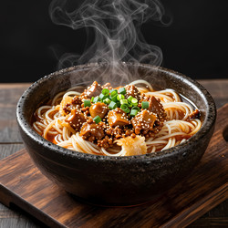 глиняный горшочек, наполненный мясом и лапшой, стоит на деревянной доске. от блюда поднимается пар. сверху посыпаем зеленым луком. это блюдо выглядит вкусным и манящим порождающим ии - Karjalainen