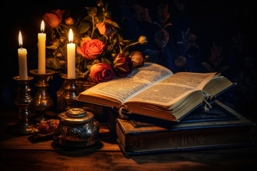 старая книга и свечи на деревянном столе с розами. генеративный контент - yliv