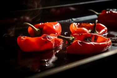Roasted red peppers in pan. Baked delicious capsicum vegetable food. Generate ai - yliv
