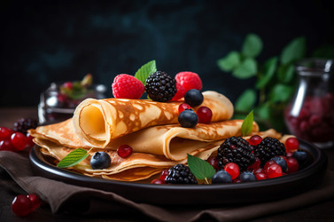 Crepes berries homemade ceramic plate. Dessert breakfast blini healthy lunch. Generate Ai - yliv