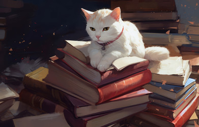 Кошка на книжной полке работает. Кошачий питомец. Генерировать искусственный интеллект - yliv