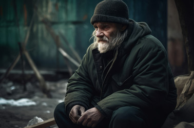 Бездомный пожилой нищий мужчина сидит на улице. Подавленный старик, живущий в бедности и голоде. Генерировать искусственный интеллект - yliv