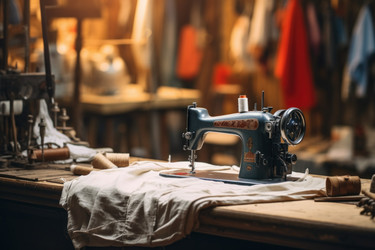 Швейная машинка с тканью на столе в стиле textile fashion. Генерировать искусственный интеллект - yliv