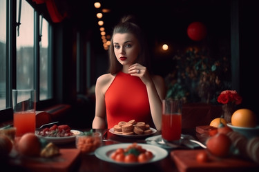 Брюнетка в красном платье ужинает в ресторане. Генерировать искусственный интеллект - yliv