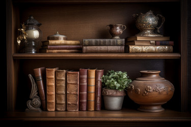 Студийная фотография на фоне антикварной книжной полки. Сборник законов научного колледжа. Генерировать искусственный интеллект - yliv