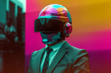 Man cyber colorful helmet suit. Glowing fiction sci-fi online. Generate Ai - yliv