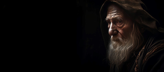 Medieval old male wizard portrait banner. Senior man magician with cape and hood on black background. Generate ai - yliv