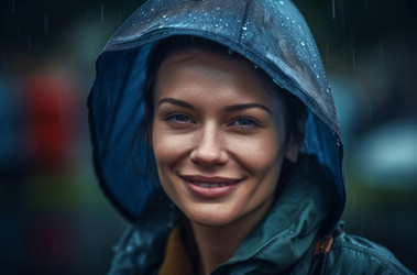 Улыбающаяся девушка под дождем на улице. Женский портрет в дождевике на прогулке. Генерировать искусственный интеллект - yliv
