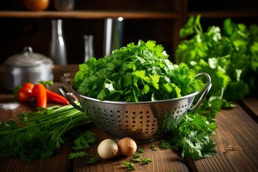 Откиньте на дуршлаг со свежей петрушкой, специями и другими продуктами. Диетический гарнир для веганского приготовления с зеленью. Генерировать искусственный интеллект - yliv
