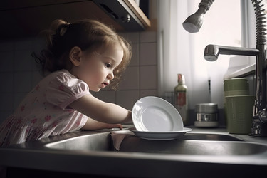 Little girl washing plate. Wash soap faucet utensil domestic. Generate Ai - yliv