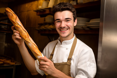 Французский шеф-повар happy bakery готовит багет. Молодой мужчина-пекарь со свежеиспеченным длинным хлебом. Генерировать искусственный интеллект - yliv
