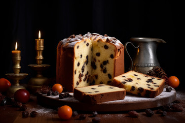Выпечка Панеттоне, нарезанная ломтиками на столе. Вкусный сладкий десерт итальянской кухни. Генерировать искусственный интеллект - yliv