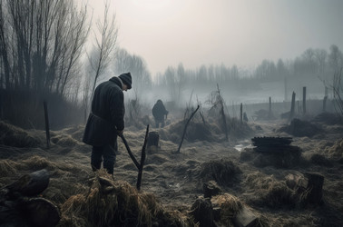 одинокий человек на военном туманном поле. разрушенная и поврежденная боем локация дикой природы. генеративный контент - yliv