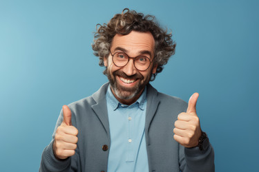 Happy man crossing his fingers thumb up on blue background. Generate Ai - yliv