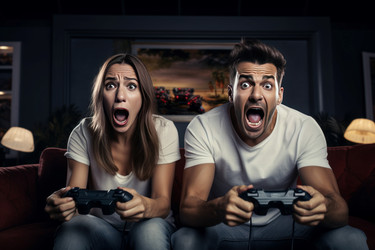 Эмоциональная пара сидит вечером на диване и играет в видеоигры. Генерировать искусственный интеллект - yliv
