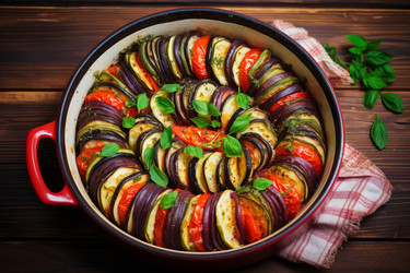 Вкусный рататуй в форму для выпечки горячую пищу. Полезный рецепт диетического приготовления. Создать ИИ - yliv
