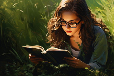Cute girl reading book in eyeglasses on green grass. Generate Ai - yliv