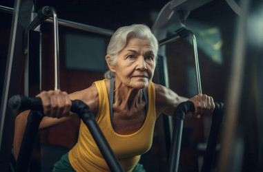 Concentrated fit elderly woman muscle. Aged positive woman strong. Generate Ai - yliv