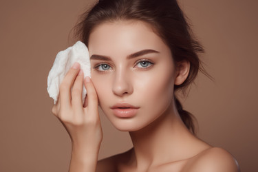 Young woman cleaning her face with cotton pad female. Generate Ai - yliv