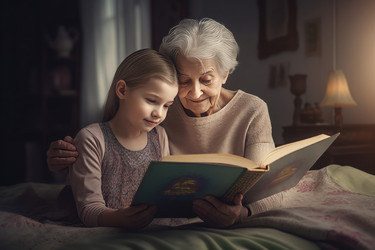 бабушка читает с девочкой в спальне. генеративный контент - yliv
