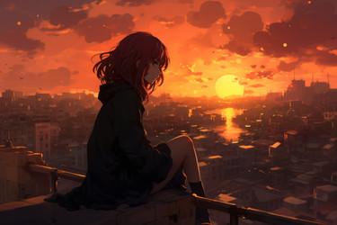 Аниме-визуальная новелла Sunset girl city view. Лицо залито солнцем, красивый пейзаж. Генерировать искусственный интеллект - yliv