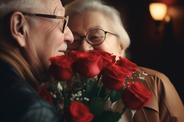 Пожилой мужчина преподносит жене сюрприз с цветами. Генерировать искусственный интеллект - yliv