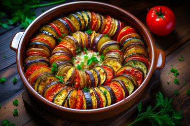 Вкусный рататуй в форме для запекания на кухне. Домашняя французская еда, диетическая выпечка для здоровья. Генерировать искусственный интеллект - yliv