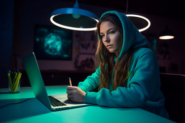 Молодая девушка с зелеными глазами, работающих на ноутбук. Женщина фрилансер работает в темной комнате. Создать ИИ - yliv