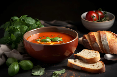 Подается томатный суп с базиликом и поджаренным хлебом. Вкусный кулинарный суп-пюре из овощей. Генерировать искусственный интеллект - yliv
