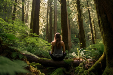 Woman meditate forest. Generate Ai - yliv