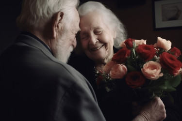 Senior man surprises wife with flowers at holiday. Female home happy smile from love person. Generate Ai - yliv