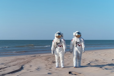 Морской пляж двух космонавтов. Космические путешествия. Генерировать искусственный интеллект - yliv