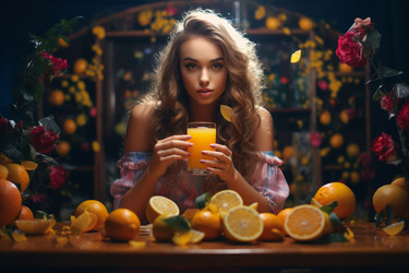 Молодая женщина пьет витаминный сок. Генерировать искусственный интеллект - yliv
