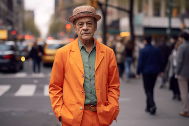Оранжевый стиль New york man сочетается с милой шляпой. Генерировать искусственный интеллект - yliv