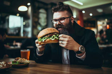 Бородатый мужчина ест вкусный бургер в кафе. Генерировать искусственный интеллект - yliv