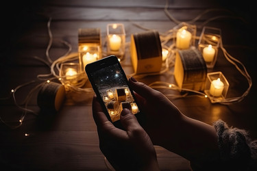 Hands holding phone taking photo Christmas gift on table. Generate Ai - yliv