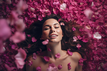 Excited happy woman covered pink petals. Art floral blossom fashion spa. Generate Ai - yliv